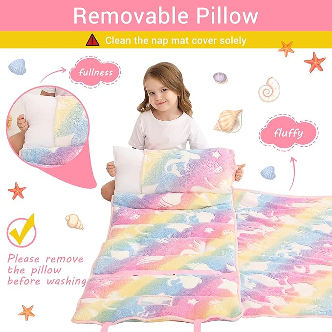 Toddler Nap Mat with Pillow and Blanket, Extra Large Rolled Napping Mats,Slumber Bags for Boys Girls,Kids Sleeping Bag for Daycare, Preschool Travel Camping