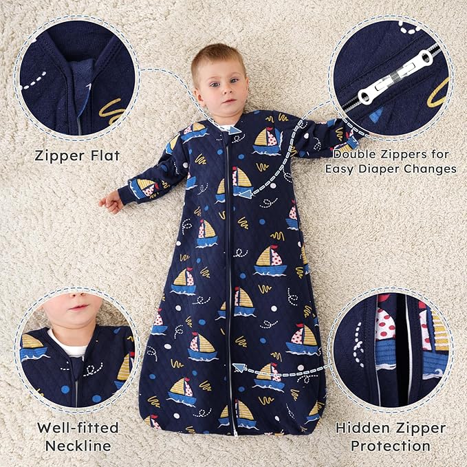 Yoofoss Baby Sleep Sack 0-6 Months 1.0 Tog Long Sleeve Sleep Sack Organic Cotton Wearable Blanket for Newborns 2-Way Zipper Quilted Sleeping Sacks(Small)