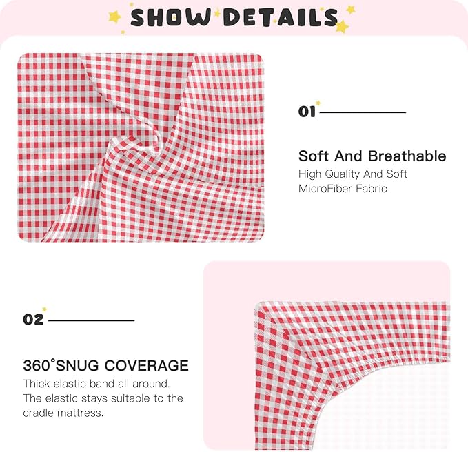 Fitted Crib Sheets for Boys Girls, Red and White Plaid Soft Breathable Mattress Cover for Standard Crib & Toddler Bed Mattress, 52 * 28 in.