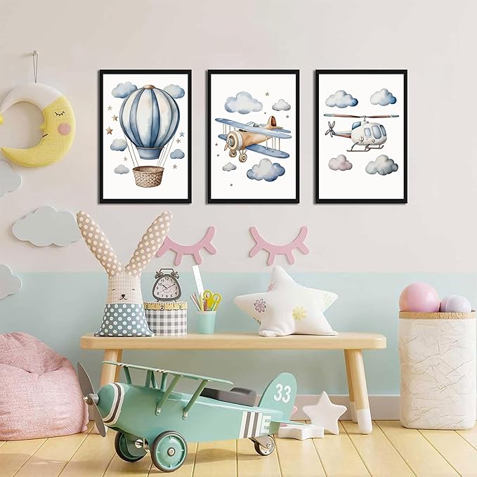Baby Boy Nursery Wall Art Set of 3, Vintage Blue Travel Boys Room Wall Decor Paintings, Toddler Hot Air Balloon Plane Helicopter Posters Prints Pictures for Kids Room Bedroom 16x24 Inch Wood Framed