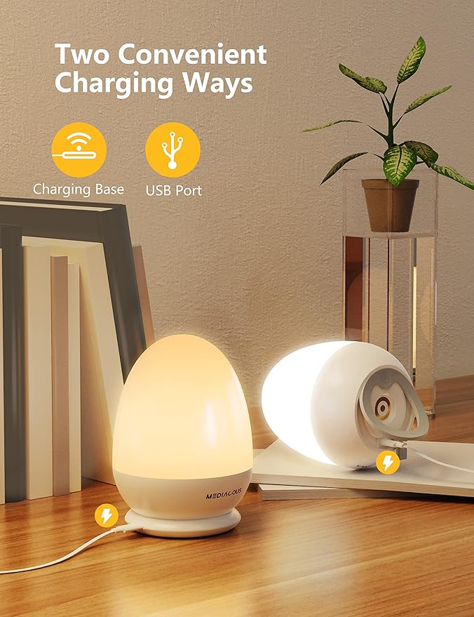 MediAcous Night Light for Kids, Baby Night Light with Stable Charging Pad, Dimmable Kids Night Light with 1H Timer & Touch Control, ABS+PC LED Egg Lamps for Breastfeeding, Up to 200H
