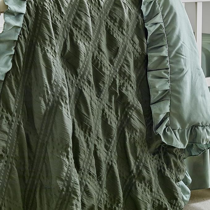 Ruffled Crib Bedding Set Baby Boho Quilted Comforter with Fitted Sheet and Bed Skirt - Cute Soft Breathable Seersucker Ruffled Shabby Chic Bedding Soft Blanket Design - Dark Green