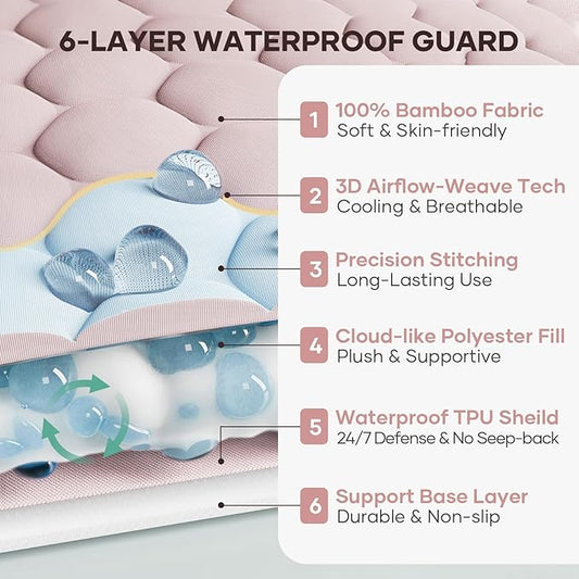 OhGeni 100% Waterproof Mattress Protector,Queen Size Mattress Soft Pad,Hair & Bedwetting Resistant,Cooling Breathable Fitted Sheets,Washable Bed Cover,Non-Slip Deep Pocket,Noiseless for Bedroom,Pink