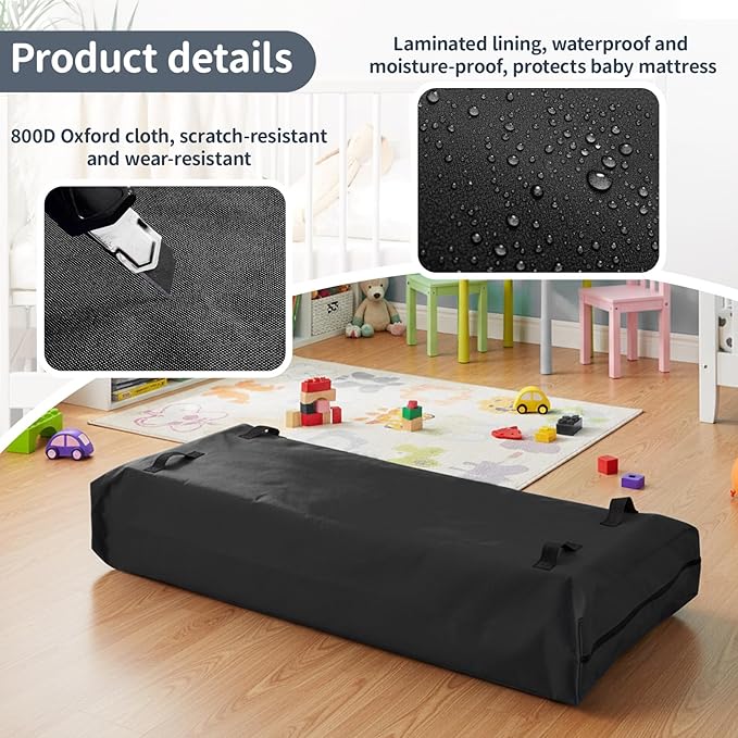 2 Pcs Oxford Cloth Waterproof Crib Mattress Storage Bag with Zipper and 8 Reinforced Handles Heavy Duty Reusable Crib Mattress Cover for Storage, 52.5 x 28 x 6.5 Inches (Black)