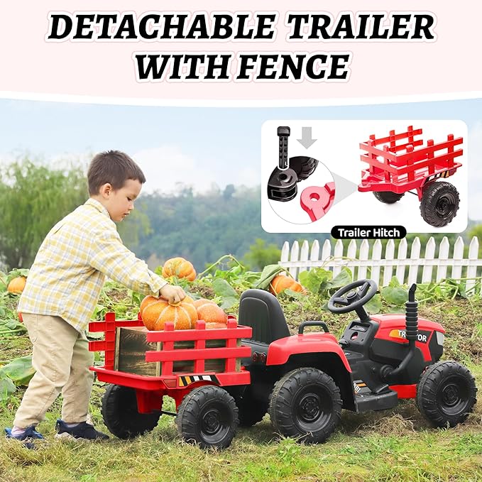TOBBI Kids Electric Toy Tractor with Trailer, Toddlers 12V Battery-Powered 6-Wheels Vehicle, Ride On Car to Drive with 35W Dual Motor/3-Speeds/LED & Horn Functions for Chirdren Aged 3-6-Red