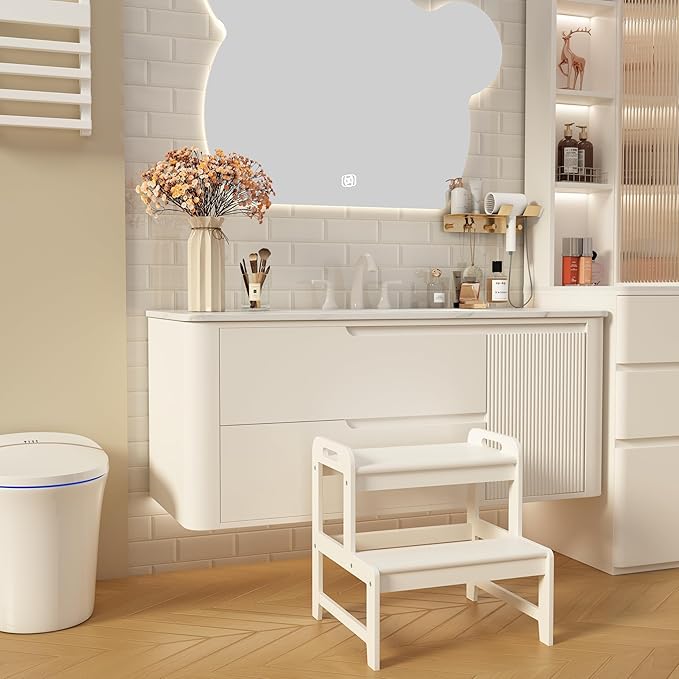 BALANBO Step Stool for Kids Bamboo Toddler Two Steps Stool with Anti-Slip and Handles Stairs 300 lbs Capacity for Bathroom Kitchen Bedroom(White)