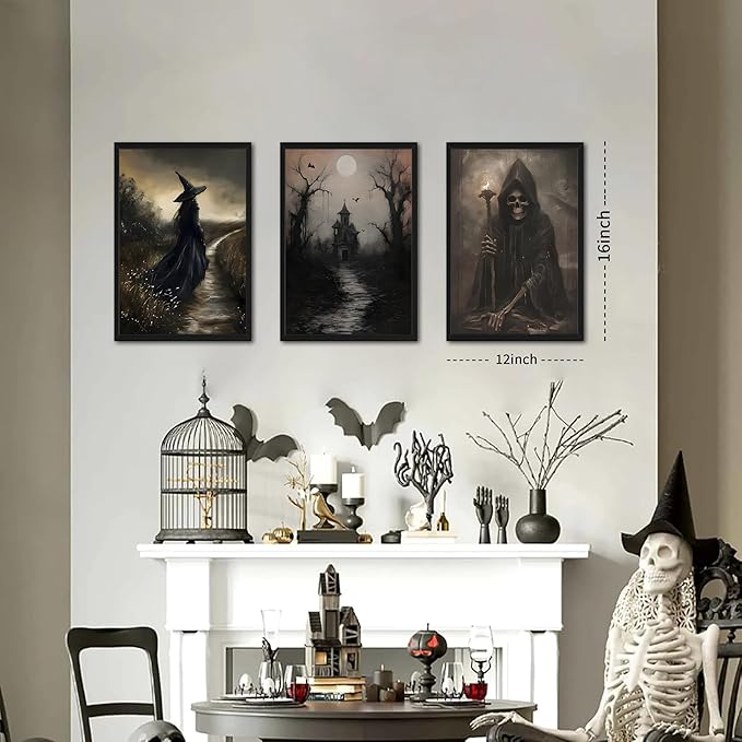 Framed Dark Academia Wall Art Set of 3, Vintage Gothic Skull Witch Wall Decor Paintings, Rustic Moody Spooky Haunted House Prints Pictures for Halloween Living Room 12x16 Inch