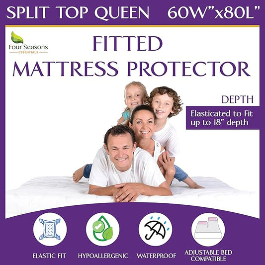 Split Top Queen Waterproof Mattress Protector (60" W x 80" L) - for Adjustable Bed with Flex Head - Hypoallergenic Premium Quality Cover Protects Against Dust, Allergens