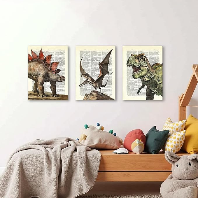 Ovczax 3 Pieces Canvas Wall Art - Dinosaur Room Decor For Boys Decor For Boys Room, Dinosaur Poster 24" X 16"