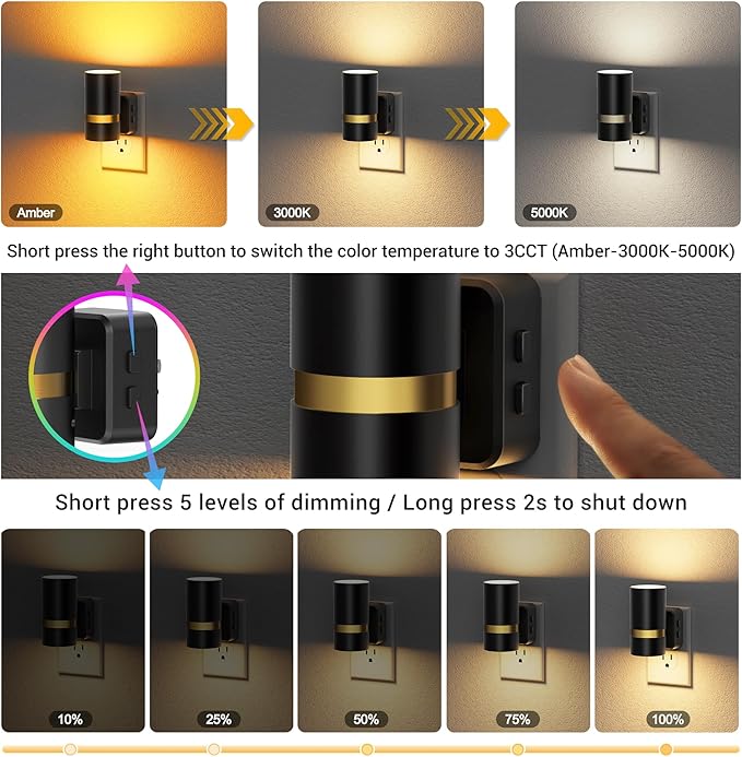 JandCase Night Lights Plug into Wall,2 Pack Amber/3000k/5000K Color Change Night Light with Dusk to Dawn, 3CCT & 10/25/50/75/100LM Dimmable Plug in LED Nightlight for Bedroom, Hallway, Stairs