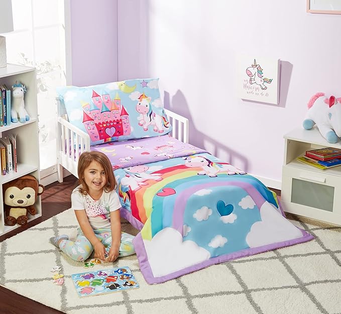EVERYDAY KIDS 4 Piece Toddler Bedding Set - Unicorn Dreams - Includes Comforter, Flat Sheet, Fitted Sheet and Reversible Pillowcase