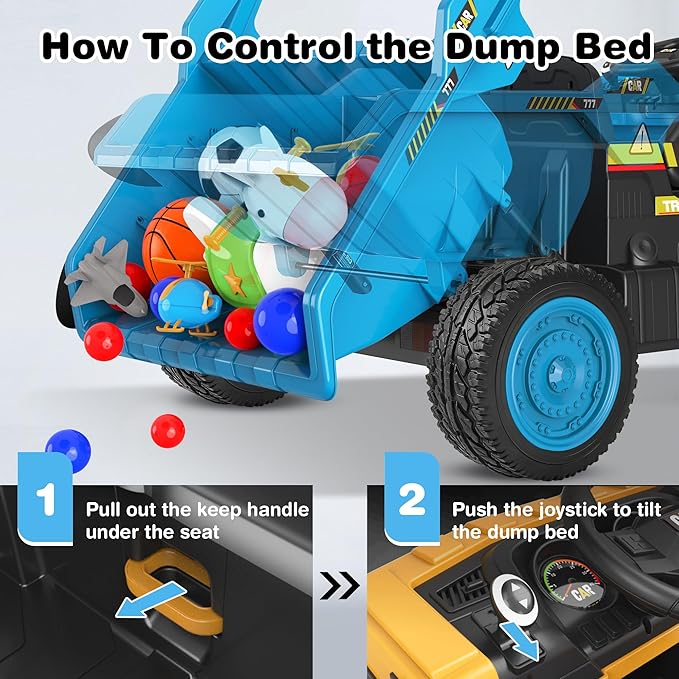 ANPABO 24V Ride On Dump Truck, 2X75W Powerful Motors, Up to 4.4Mph, EVA Tires, Construction Vehicle w/Electric Dump Bed and Extra Shovel, 19" Spacious 2 Seater, Kids Car w/Parent Remote -Blue