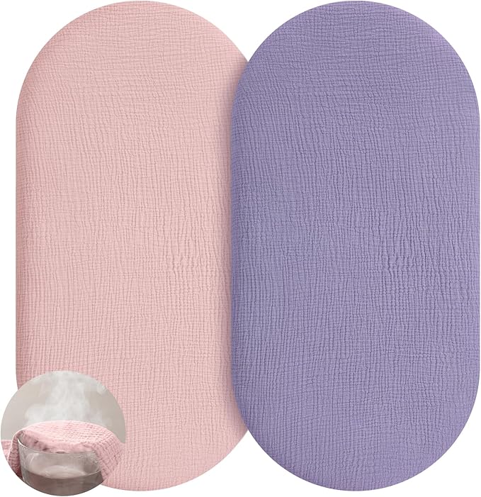 Muslin Bassinet Sheets Boy Girl, 100% Cotton Fitted Bassinet Sheet Set 2 Pack Bassinet Mattress Sheets Universal Fit for Rectangle, Round, Oval, Hourglass Mattress, Soft Breathable