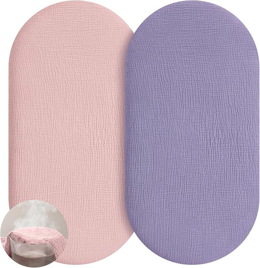 Muslin Bassinet Sheets Boy Girl, 100% Cotton Fitted Bassinet Sheet Set 2 Pack Bassinet Mattress Sheets Universal Fit for Rectangle, Round, Oval, Hourglass Mattress, Soft Breathable