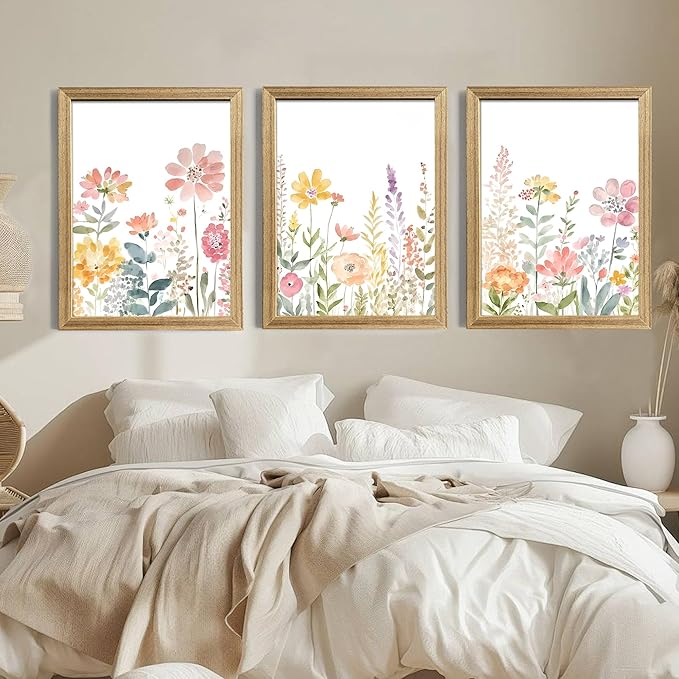 Colorful Flower Frame Wall Art Set Watercolor Flower Wall Art Multicolor Botanical Art Prints Wildflower Painting Printing Suitable for living room, bedroom, bathroom, 12x16 inch 3 piece set