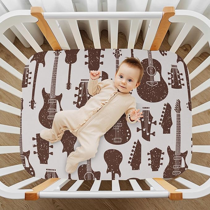 Retro Guitars Crib Sheets Soft Breathable Fitted Baby Crib Sheets Mattress Cover for Girl Boys, 52" x 28" x 9"