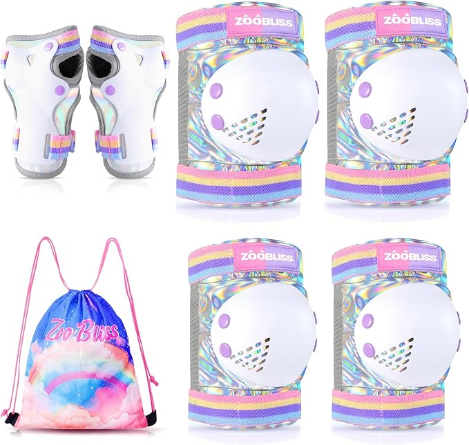 Knee Pads for Kids - ZOOBLISS Toddler Knee and Elbow Pads Set Wrist Guards for Skating Girls Aged 3-12, Kids Protective Gear for Roller Skates Skateboard Bike Scooter, Included Drawstring Bag(Rainbow)