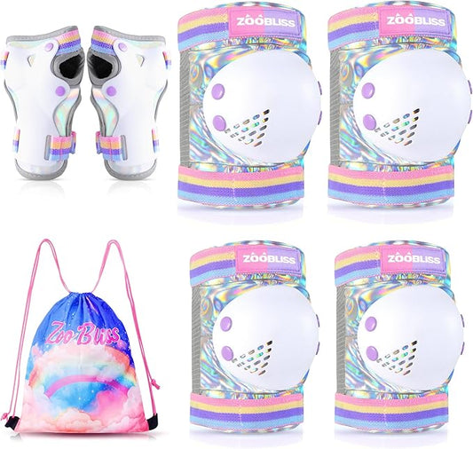 Knee Pads for Kids - ZOOBLISS Toddler Knee and Elbow Pads Set Wrist Guards for Skating Girls Aged 3-12, Kids Protective Gear for Roller Skates Skateboard Bike Scooter, Included Drawstring Bag(Rainbow)