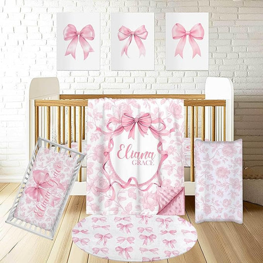 Personalized Baby Crib Bedding Set – Custom Name 4 Pcs Pink Bow Nursery Set with Minky Blanket, Fitted Sheet, Pad Cover & Rug, Soft Bedding for Girls, Ideal Shower Gift for Baby, New Parents