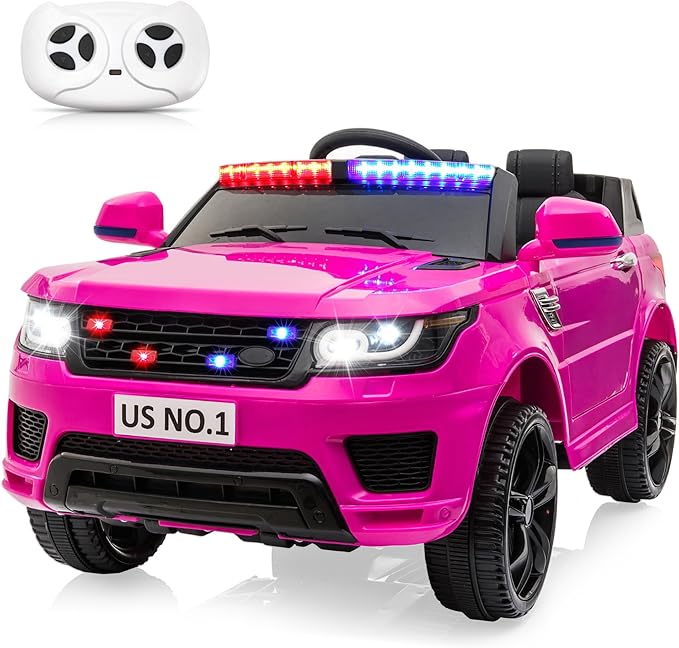 TOBBI Electric Cars for Kids Driving Remote Control Ride on Police Riding Car 4 Wheels Vehicles 12V Battery Cop Truck for Toddlers with Siren, Flashing Lights, Music, Pink