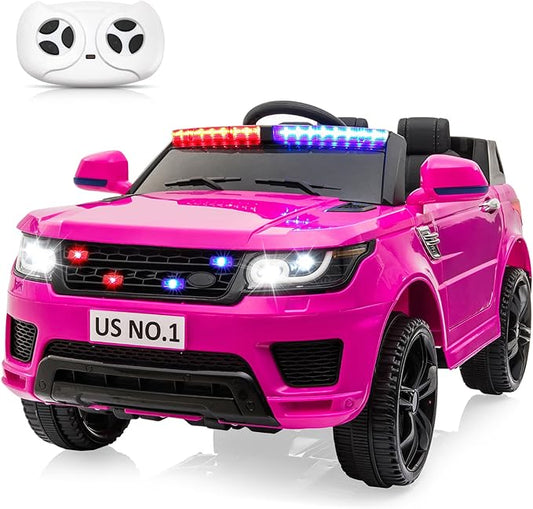 TOBBI Electric Cars for Kids Driving Remote Control Ride on Police Riding Car 4 Wheels Vehicles 12V Battery Cop Truck for Toddlers with Siren, Flashing Lights, Music, Pink