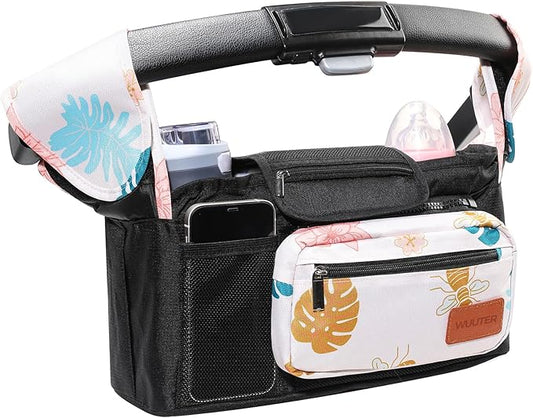 WUUTER Stroller Organizer with Cup Holder Detachable Wristlet Large Capacity Baby Stroller Bag for Mom, Fits Uppababy, Baby Jogger, Britax, BOB, More (Garden)