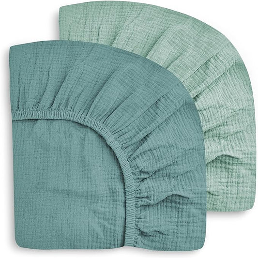 SWEET DOLPHIN 2-Pack Muslin Crib Sheets for Boys & Girls, Ultra Soft Breathable 40S Long-Staple Cotton Fitted Baby Sheets for Standard Crib Mattress 52"x28", Light Teal- Nursery Essentials