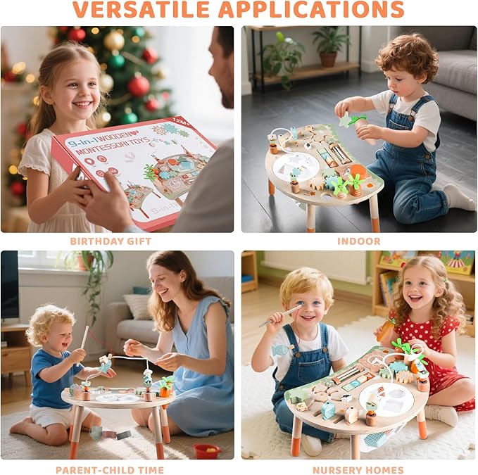 Wooden Activity Table, 9-in-1 Montessori Sensory Play Table with Shape Sorter Fishing Game Bead Maze, Baby Activity Center Learning Toys for Toddler