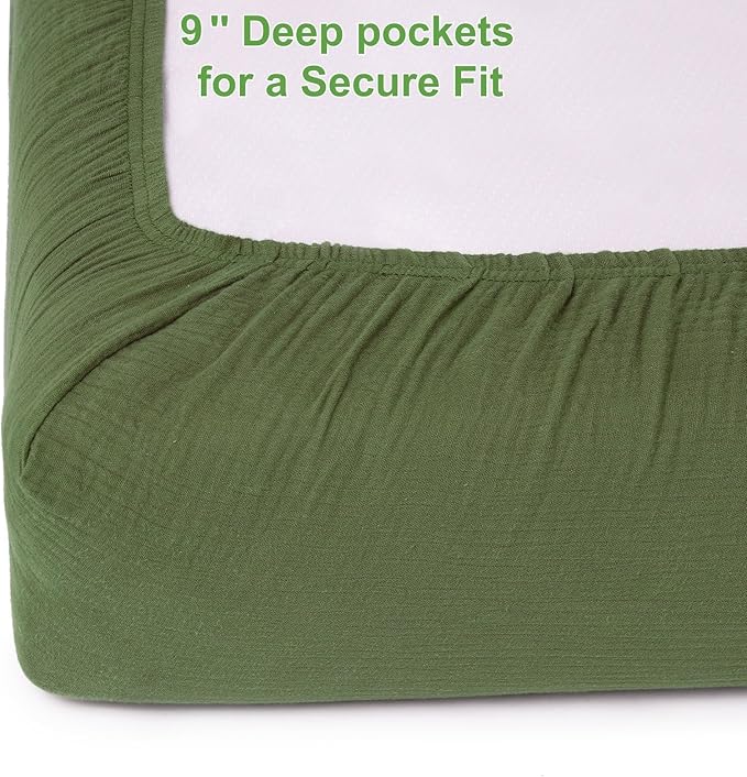 2 Pack Olive Green Muslin Crib Sheets for Boys & Girl- Neutral Breathable Cotton Crib Mattress Sheets Fitted for Standard 28"x 52"- Nursery Décor No Slip Crib Bed Sheets