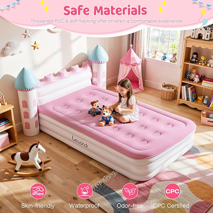 Lewondr Inflatable Kids Bed, Pink Castle Toddler Travel Bed with Electric Air Pump, Kids Blow Up Mattress with Portable Storage Bag, Kids Air Mattress Princess Toddler Bed for Home Camping Sleepovers