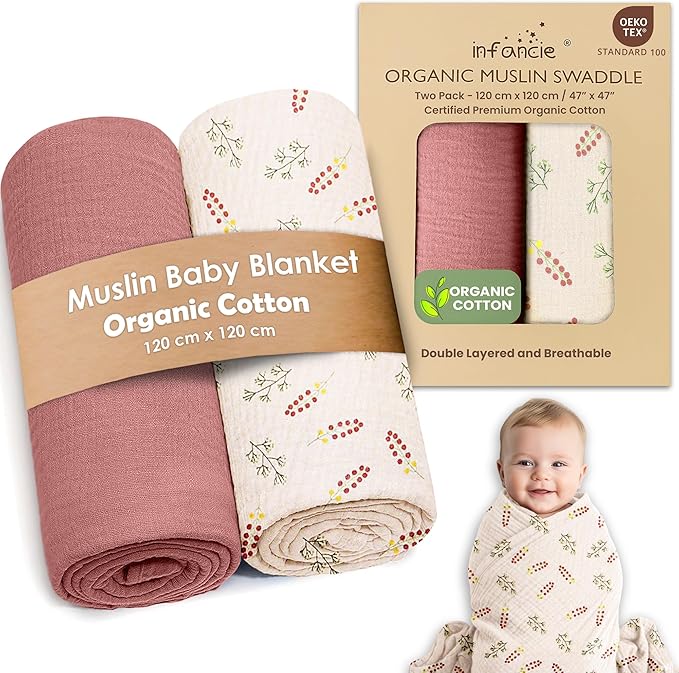 Organic Cotton Muslin Baby Blanket - 47x47 Inch Breathable Swaddle, Hypoallergenic Double-Layer, Versatile Use (Pink Floral, 47x47 Inch)