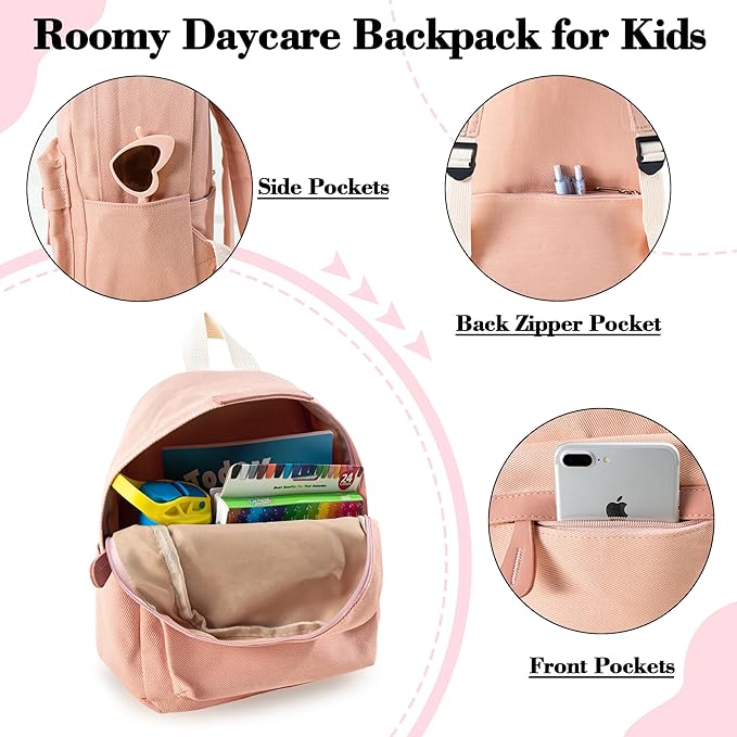 MT WORLD Daycare Backpack - Personalized Canvas Backpack with Name - Classic 12inch Daypack with Back Pocket - Custom Daycare Diapering Bag for Overnight Travel Birthday Gifts (Peach, Medium)