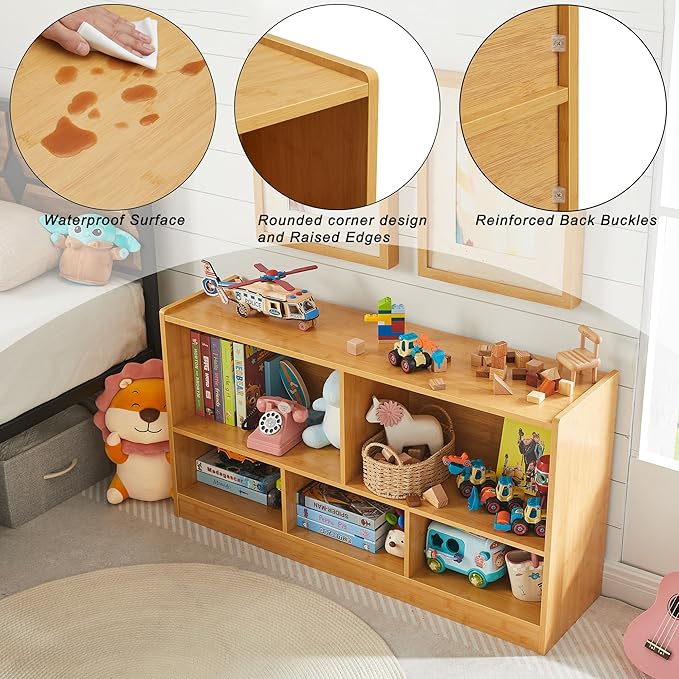 Onirw Kids Toy Storage Organizer, 5-Section Storage Cabinet for Organizing Books Toys, Wooden Bookshelf Daycare Furniture for School, Classroom Playroom, Nursery, Kindergarten (Natural)