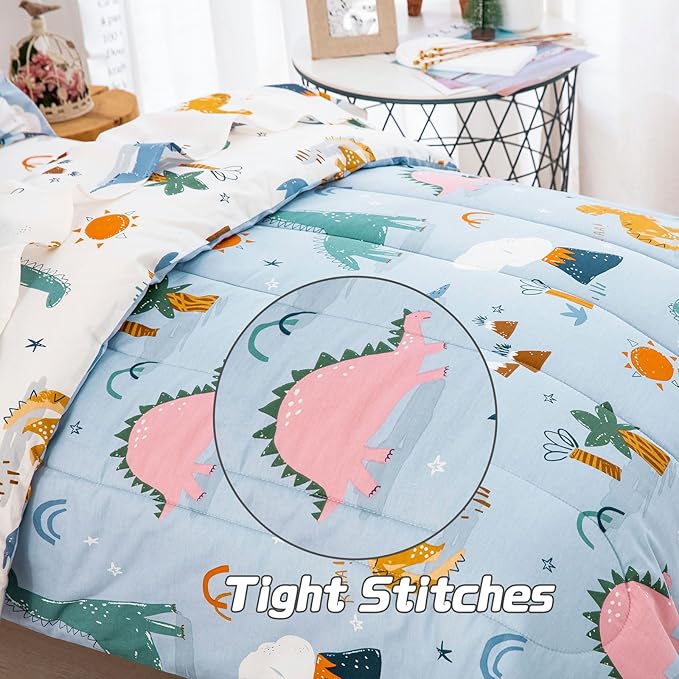 DJY 4 Pieces Cotton Toddler Bedding Set, Dinosaur Toddler Bed Comforter Set for Boys Girls, Includes Blue White Reversible Comforter, Flat Sheet, Fitted Sheet and Pillowcase