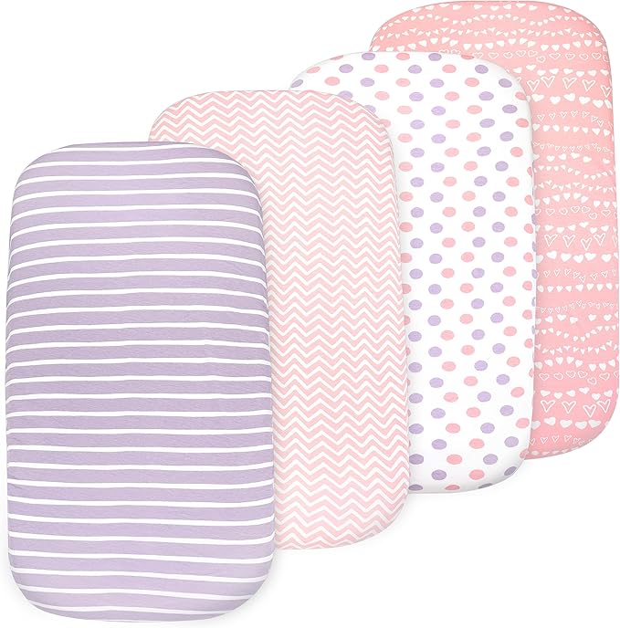 4 Pack Organic Bedside Bassinet Sheets Compatible with Mika Micky, Baby Delight, Dream On Me, AMKE and Other Bassinet Mattress Pads Size Between 17-21 in Width, 29-33 in Length, and 1.5-4 in Thick