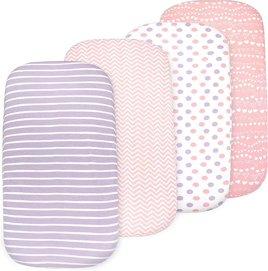 4 Pack Organic Bedside Bassinet Sheets Compatible with Mika Micky, Baby Delight, Dream On Me, AMKE and Other Bassinet Mattress Pads Size Between 17-21 in Width, 29-33 in Length, and 1.5-4 in Thick