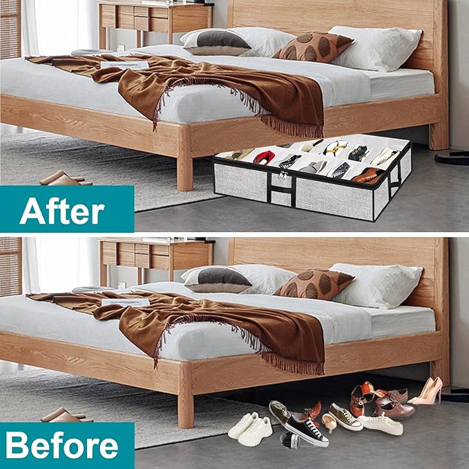 Meerainy Under Bed Shoe Storage Organizer for Closet 2 Pack- Fits 24 Pairs Underbed Shoes Container Boxes, Light Grey