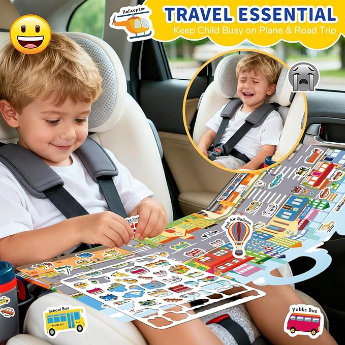 CREATIVETREES 3 Sets of Reusable Jelly Stickers Books - Perfect for 3-6 Year Olds Jelly Stickers Books - Airplane and Car Travel Toys Educational Gifts for Boys and Girls（Beach+Supermarket+Party）
