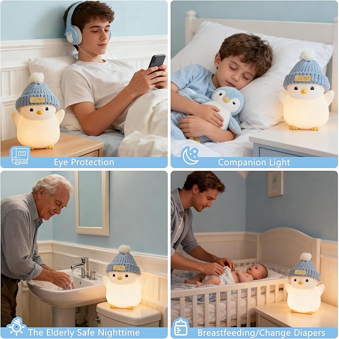 FAMIDUO Penguin Night Light for Kids, Adorable Penguin Lamp with Hat, Food Grade Silicone Nursery Nightlight, Rechargeable/Dimmable/Timer,LED Squishy Novelty Animal Bedside Lamp,Funny Gifts for Boys