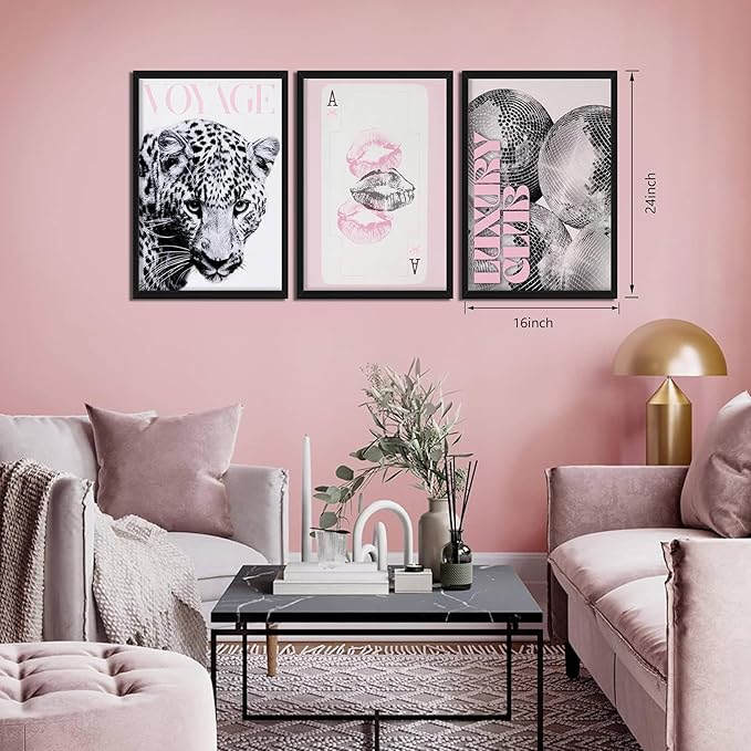 Pink Cheetah Wall Art Set of 3, Y2K Trendy Leopard Canvas Wall Decor Paintings, Preppy Black and White Cheetah Disco Posters Prints Pictures for Girly Room Bedroom Dorm 16x24 Inch Wood Framed