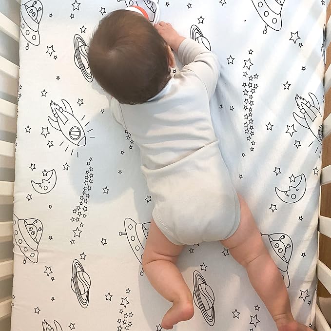Milky Chic GOTS Fitted Baby Crib Sheet, Breathable 100% Organic Cotton Mattress Sheet for Boys and Girls, Fits Standard Size Mattresses (Space Black & White, Pack of 1)