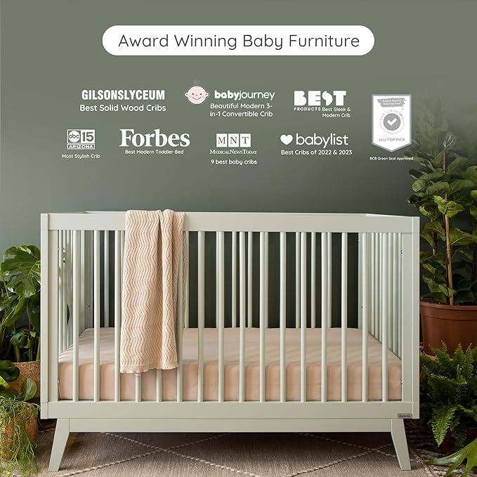 dadada Baby Soho 3-in-1 Convertible Wooden Crib to Toddler Bed - Made in Italy, GREENGUARD Gold Certified, Baby-Safe Finish, Handcrafted Beechwood, Modern Design, 3 Adjustable Heights (Sage)