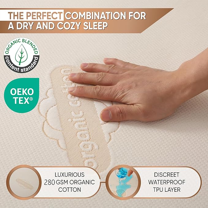 Deluxe Waterproof Organic Mattress Protector Twin XL - Certified Organic Cotton, Breathable Mattress Pad Cover - New 280 GSM Comfort - Jersey Cotton Skirt - Fitted Comfort