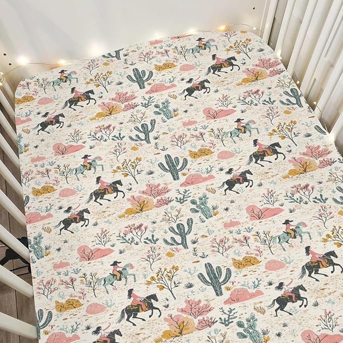 Western Cowgirl Cactus Baby Crib Sheets for Boy Girl 28"x52" Retro Cowgirl Horse Trees Leaves Soft Stretchy Fitted Crib Mattress Cover Wild West Baby Sheet for Standard Crib and Toddler Mattress