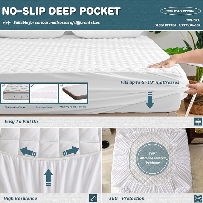 UNILIBRA Full XL Waterproof Mattress Pad Protector, 6-19 Inch Deep Pocket, Breathable Hollow Cotton Filling, Machine Washable, Stain Resistant, Soft and Noiseless, Deep Pocket Design