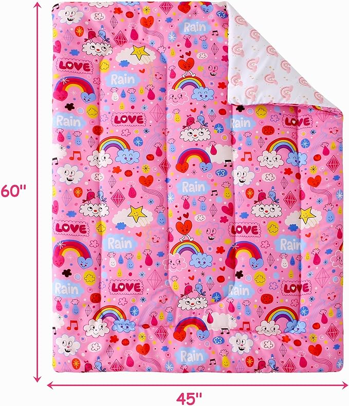 Mooreeke 4 Pieces Toddler Bedding Set - Pink Rainbow Cloud Toddler Comforter Sets for Girls, Includes Comforter, Flat Sheet, Fitted Sheet and Pillowcase, Bed in A Bag for Baby Bedroom