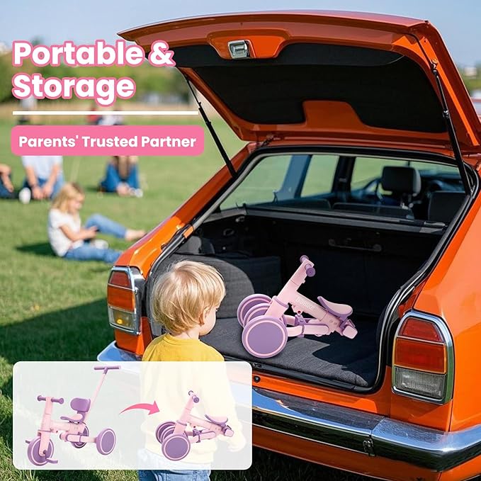 Bobike 5-in-1 Tricycle for Toddlers 18 Months to 5 Years Old, Kids Tricycle with Push Handle and Backrest, Toddler Balance Bike with Easy Assembly for Boys and Girls (Purple)