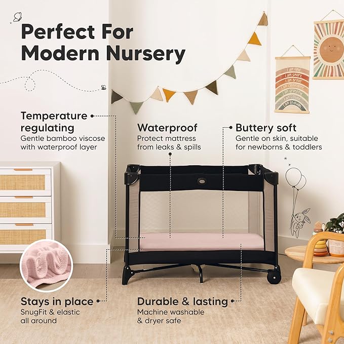 2-Pack Waterproof Pack and Play Sheets, Mini Crib Sheets Fitted for Boy, Girl - 38 x 26 Viscose from Bamboo Pack N Play Mattress Sheets for Graco, Toddler Playard Baby Crib Sheets Neutral (Mist Rose)