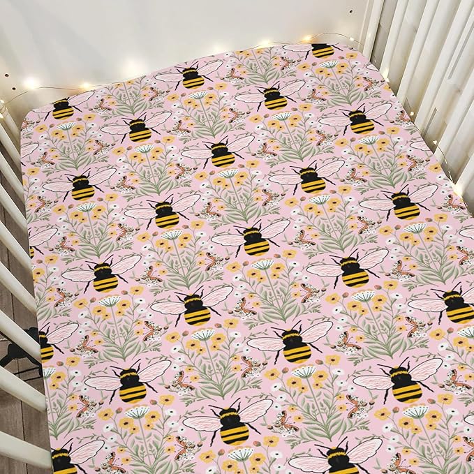 Bee Honey Garden Pink Baby Crib Sheets for Boy Girl 52"x28" Boho Floral Bees Honey Butterflies Soft Snug Fitted Crib Mattress Covers Spring Summer Baby Sheet for Standard Crib & Toddler Bed Mattress