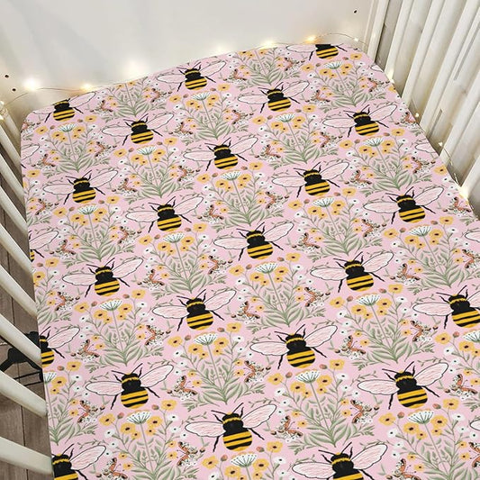 Bee Honey Garden Pink Baby Crib Sheets for Boy Girl 52"x28" Boho Floral Bees Honey Butterflies Soft Snug Fitted Crib Mattress Covers Spring Summer Baby Sheet for Standard Crib & Toddler Bed Mattress